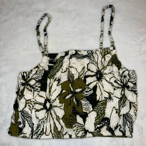 Leaf Print Smocked Cropped Tank Top (M)